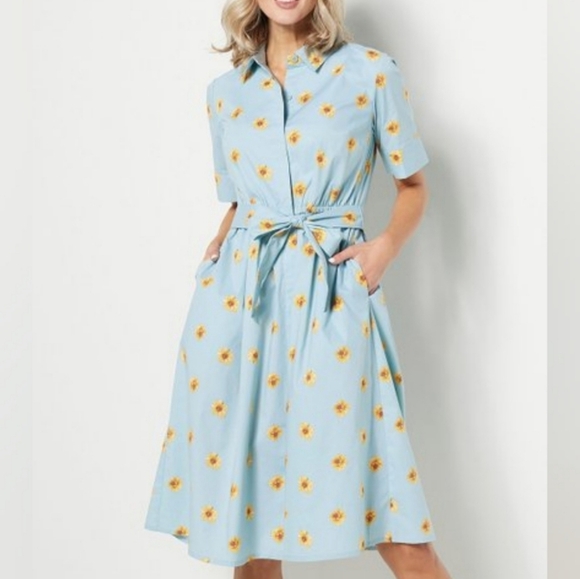 JASON WU BLUE & YELLOW SUNFLOWER SHIRT DRESS W/ COLLAR & TIE SZ MEDIUM PETITE - Picture 1 of 8